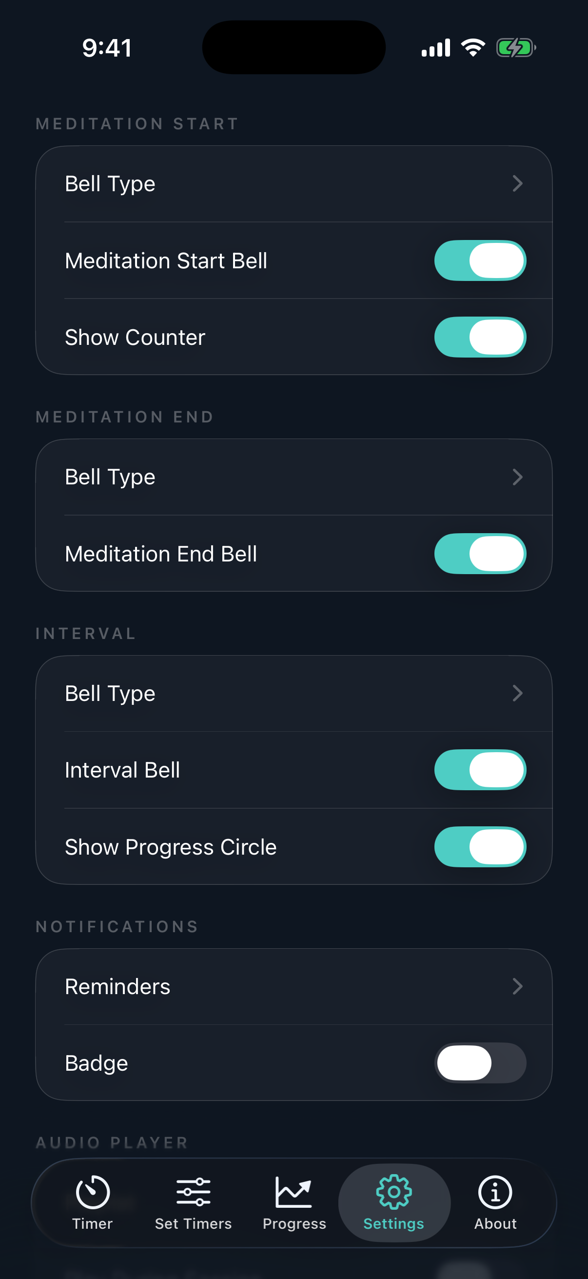 Settings screen with bell and interval options
